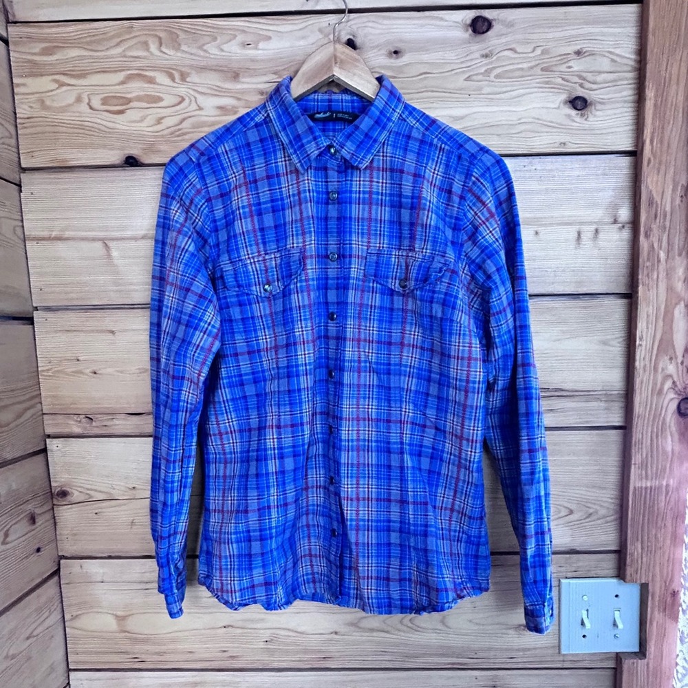 Woolrich Womens Blue Plaid Snap Button Up Shirt Cotton Long Sleeve Size Medium